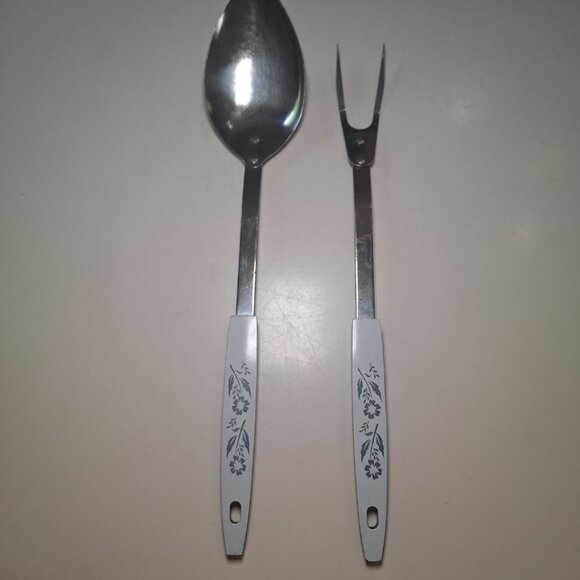 Blue Cornflower Utensils Stainless Steel Metal 1970s Serving Spoon Fork Pair - Picture 1 of 8